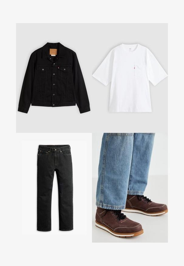 Sort denimjakke med klassisk design, der har en spids krave, brystlommer, lukning med fem knapper og et lædermærke med mærkenavn.; Hvid bomulds-T-shirt med korte ærmer, rund hals og lomme på venstre bryst. Har en lille rød logoetiket på lommen.; Sorte lige ben denim jeans med fem lommer, bæltestropper og en knaplukning i taljen, lagt fladt på en hvid baggrund.; Brune lædersko med sorte snørebånd, hvid syning og gummisål. Bæres sammen med lyseblå denim jeans i en let løs pasform.