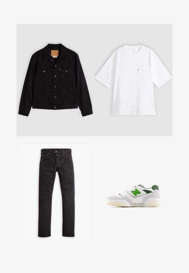 Chaqueta de mezclilla negra con un diseño clásico, que incluye cuello puntiagudo, bolsillos en el pecho, cierre de cinco botones y etiqueta de cuero de la marca.; Camiseta blanca de algodón con mangas cortas, cuello redondo y bolsillo en el pecho izquierdo. Presenta una pequeña etiqueta con logo rojo en el bolsillo.; Jeans ajustados negros con cierre de botones, cinco bolsillos y remaches de cobre, dispuestos sobre un fondo blanco.; Zapatilla blanca con acentos verdes, hecha de cuero y ante. Presenta un upper texturizado, collar acolchado y una suela de goma con tacos visibles.