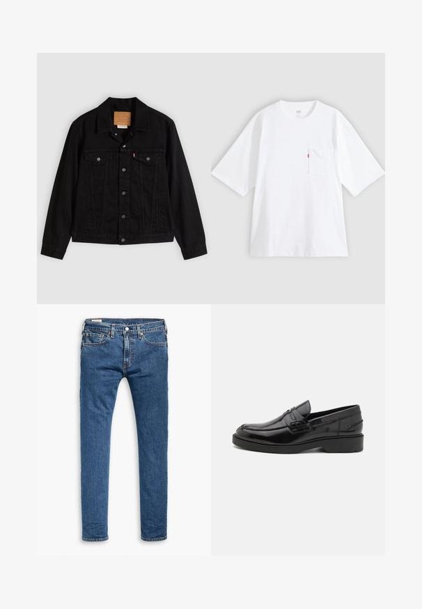 Veste en denim noir au design classique, avec un col pointu, des poches poitrine, une fermeture à cinq boutons et une étiquette de marque en cuir.; T-shirt en coton blanc à manches courtes, col rond et poche poitrine gauche. Comprend une petite étiquette logo rouge sur la poche.; Jeans slim fit en denim bleu avec cinq poches, bouton avant et passants de ceinture, présentés à plat sur un fond blanc.; Mocassins en cuir noir avec une finition lisse, un bout rond, un petit talon et descoutures décoratives à l'avant. Semelle en caoutchouc pour l'adhérence.