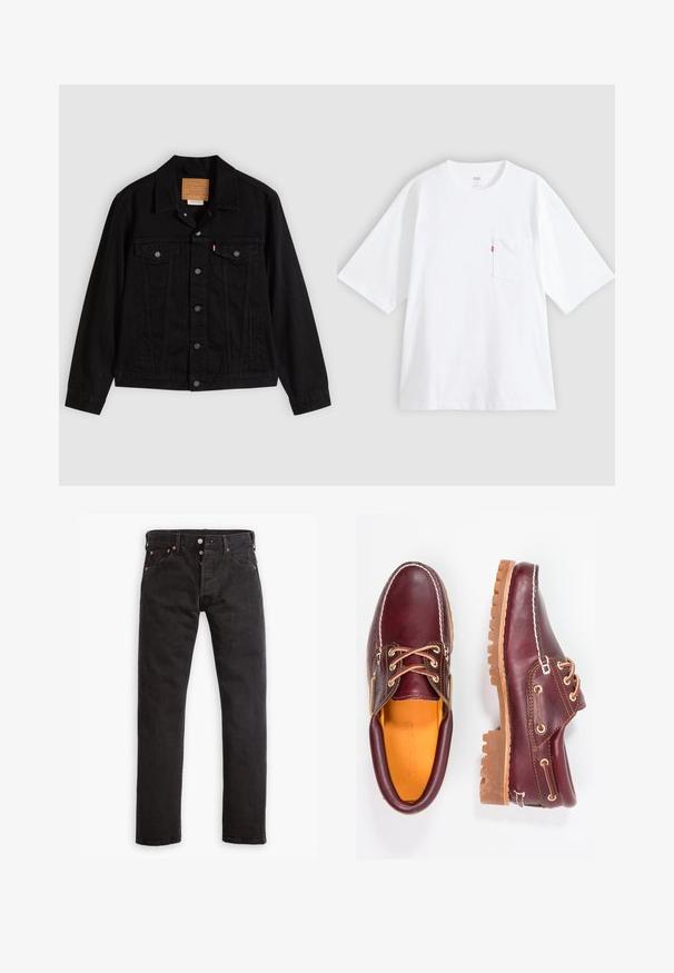 Sort denimjakke med klassisk design, der har en spids krave, brystlommer, lukning med fem knapper og et lædermærke med mærkenavn.; Hvid bomulds-T-shirt med korte ærmer, rund hals og lomme på venstre bryst. Har en lille rød logoetiket på lommen.; Sorte slim-fit jeans med knapåbning, fem lommer og kobbernitter liggende fladt på en hvid baggrund.; Bordeaux lædersko med brune gummisåler, rund tå, hvid syning og gyldne snøringer. Indersiden har et gult for.