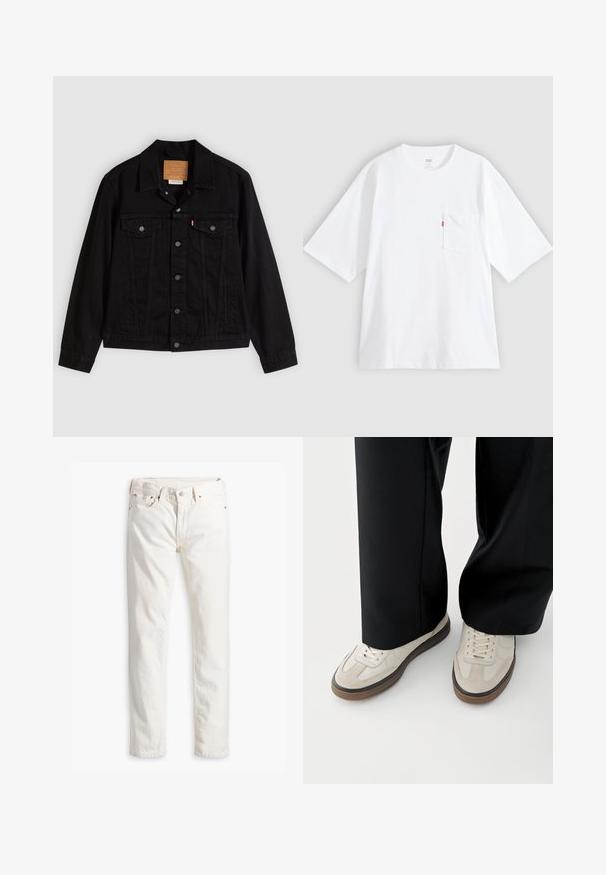 Schwarze Jeansjacke mit klassischem Design, ausgestattet mit spitzem Kragen, Brusttaschen, Fünf-Knopf-Verschluss und Leder-Label der Marke.; Weißes Baumwoll-T-Shirt mit kurzen Ärmeln, rundem Ausschnitt und Brusttasche auf der linken Seite. Mit kleinem rotem Logotag an der Tasche.; Weiße Jeans im geraden Schnitt, fünf Taschen, Kupferknopf und Nieten sowie einem dezent strukturierten Stoff. Keine sichtbaren Muster.; Füße mit beigen Sneakers mit braunen Sohlen und schwarzen Hosen mit weitem Bein auf weißem Hintergrund.