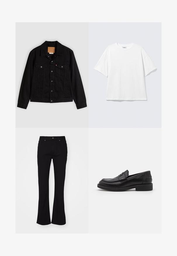 Sort denimjakke med klassisk design, der har en spids krave, brystlommer, lukning med fem knapper og et lædermærke med mærkenavn.; Hvid oversized t-shirt med korte ærmer og rund halsudskæring med sænkede skuldre, fladt lagt på lys grå baggrund.; Sorte højtaljede flared jeans med frontknap og fem-lomme-design, præsenteret på en hvid baggrund.; Sorte læder loafers med en rund tå, tonale syninger og en stropdetalje foran. Gummisål med en lav hæl.