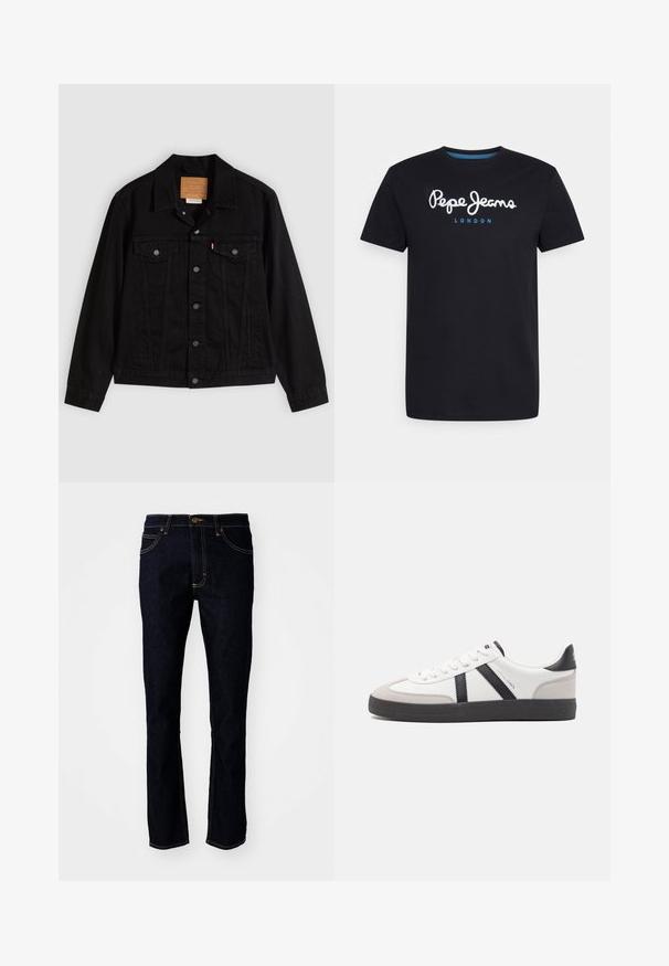 Mustast teksariidest jakk klassikalise disainiga, millel on terav krae, rinnataskud, viie nupuga kinnistus ja nahast brändisilt.; Mustvalge puuvillane T-särk, millel on valge script logo "Pepe Jeans" sinise aktsendiga, ümar kaelus ja lühikesed varrukad. Lihtne, ühtlane disain.; Lee LUKE - Liibuvad teksad - rinse raine; Valged tossud mustade ja hallide aktsentidega, tekstureeritud halli varbakattega, musta kummitald ja lamedad valged paelad. Puhtad jooned, minimalistlik stiil.