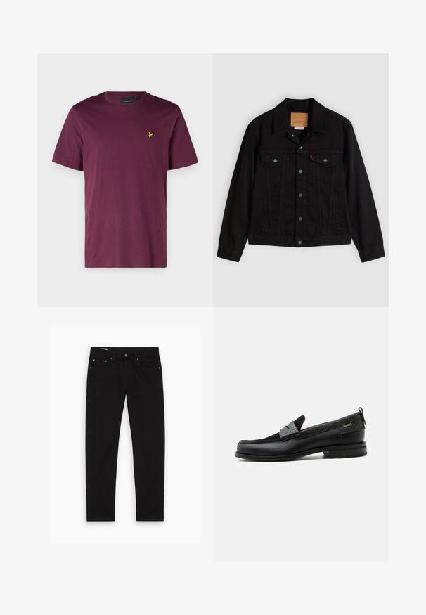 Sort denimjakke med klassisk design, der har en spids krave, brystlommer, lukning med fem knapper og et lædermærke med mærkenavn.; Mørkerød bomulds t-shirt med rund hals, korte ærmer og et lille gult ørne-logo på venstre bryst. Glat overflade, almindelig pasform.; Sorte lige ben jeans med for- og baglommer, bæltestropper samt knappeslås og lynlås, lagt fladt på en hvid baggrund.; Sort læderloafer med grå remdetalje, lav hæl og tekstureret sål, mærket med "HUGO" i guld på siden.