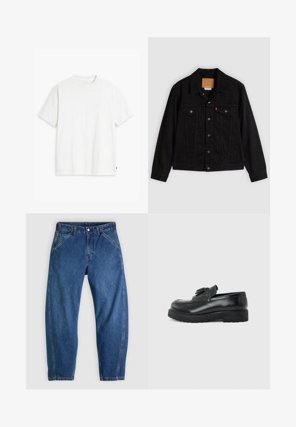 Veste en denim noir au design classique, avec un col pointu, des poches poitrine, une fermeture à cinq boutons et une étiquette de marque en cuir.; T-shirt en coton blanc à manches courtes, col rond, avec un logo "Levi's" discret imprimé en couleur claire sur le devant.; Jean en denim bleu à coupe décontractée, doté d'une fermeture à boutons, de cinq poches et de surpiqûres orange contrastantes. Texture lisse sur toute la surface.; Mocassin en cuir noir avec pampilles, semelle épaisse en caoutchouc et talon bas, présenté de profil sur un fond uni.