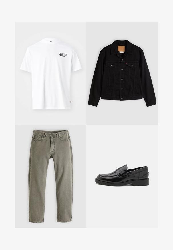 Sort denimjakke med klassisk design, der har en spids krave, brystlommer, lukning med fem knapper og et lædermærke med mærkenavn.; Hvid bomulds t-shirt med rund hals, korte ærmer og et lille sort "Dickies Workwear" logo på venstre bryst. Glat tekstur, standard pasform.; Grå denimjeans med lige ben, for- og baglommer, bæltestropper og knaplukning, lagt fladt på en hvid baggrund.; Sorte læder loafers med en glat finish, rund tå, lav hæl og dekorativ syning langs forsiden. Gummisål for godt greb.