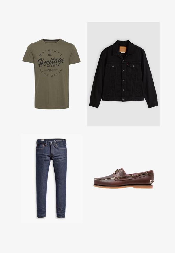 Veste en denim noir au design classique, avec un col pointu, des poches poitrine, une fermeture à cinq boutons et une étiquette de marque en cuir.; T-shirt en coton vert olive avec un col rond, comportant un texte imprimé noir : "Original No. 1 Heritage Blend Claim Your Rights" dans un design circulaire.; Jean slim-fit Levi's Performance bleu foncé avec cinq poches et coutures visibles sur fond blanc.; Chaussure bateau en cuir marron avec coutures blanches, détails de lacets et semelle en caoutchouc beige, vue de côté sur fond blanc.