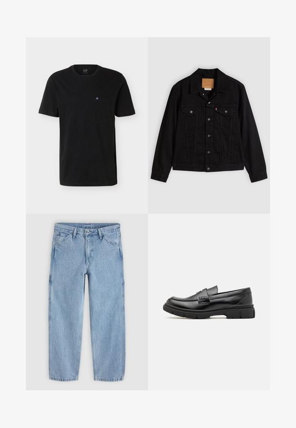 Sort denimjakke med klassisk design, der har en spids krave, brystlommer, lukning med fem knapper og et lædermærke med mærkenavn.; Sort T-shirt med korte ærmer og rund hals med brystlomme, der har et lille blå-hvidt GAP-logo.; Lyseblå straight-leg denimjeans med frontknap, lynlås, bæltestropper og skrå forlommer på en ensfarvet baggrund.; Sort læder loafersko med en bred rem over forfoden, gummisål med tykke mønstre og glat overflade. Klassisk, slankt design.