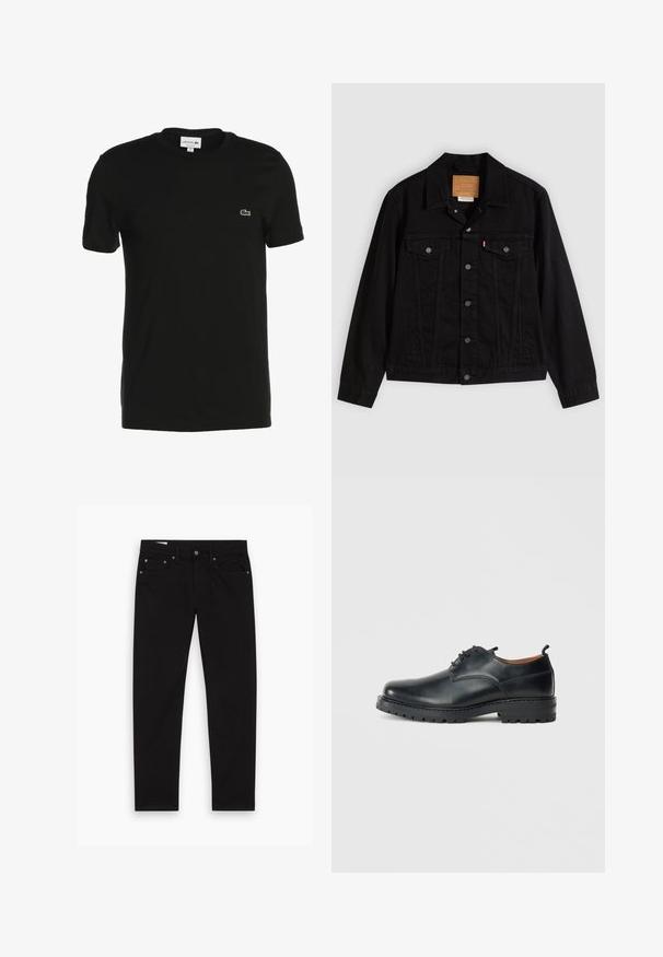 Veste en denim noir au design classique, avec un col pointu, des poches poitrine, une fermeture à cinq boutons et une étiquette de marque en cuir.; T-shirt en coton noir à manches courtes, col rond, avec petit logo vert Lacoste sur la poitrine. Texture lisse, coupe classique.; Jean noir à jambe droite avec poches avant et arrière, passants de ceinture, et fermeture à bouton et zip, posé à plat sur un fond blanc.; Chaussures derby en cuir noir avec une texture lisse, bout rond, design à lacets et une semelle en caoutchouc épaisse et robuste.