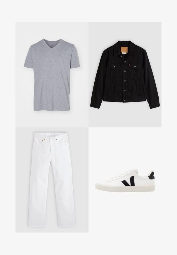 Veste en denim noir au design classique, avec un col pointu, des poches poitrine, une fermeture à cinq boutons et une étiquette de marque en cuir.; T-shirt en coton gris avec un col en V, des manches courtes et une coupe décontractée. Tissu doux et léger sans motifs ni embellissements visibles.; Jean blanc à jambes droites avec conception à cinq poches, fermeture par bouton et fermeture éclair, et détails en rivets de cuivre sur les poches.; Sneaker blanche en cuir avec des accents en daim noir ; dispose d'une semelle en caoutchouc, d'un bout rond et d'un design classique à lacets. Logo latéral en noir.