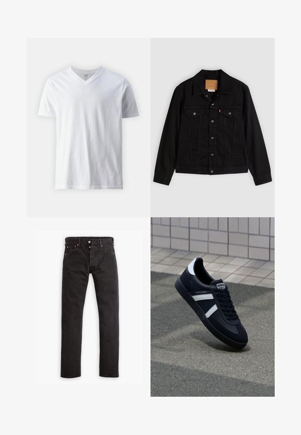 Schwarze Jeansjacke mit klassischem Design, ausgestattet mit spitzem Kragen, Brusttaschen, Fünf-Knopf-Verschluss und Leder-Label der Marke.; Kurzärmliges, V-Ausschnitt T-Shirt aus Baumwolle in Weiß. Hat ein einfaches Design mit glatter Textur und lockerer Passform.; Schwarze Slim-Fit-Jeans mit Knopfverschluss, fünf Taschen und kupferfarbenen Nieten flach auf einem weißen Hintergrund ausgelegt.; Schwarze Leder-Sneaker mit weißen Streifen, strukturiertem Gummisohle und Schnürung. Verfügt über ein Markenetikett auf der Zunge.