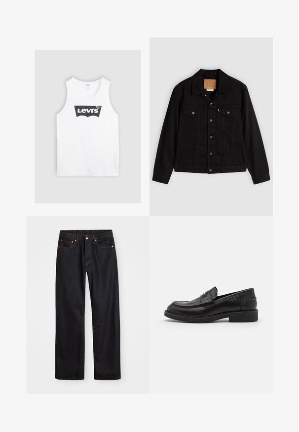 Chaqueta de mezclilla negra con un diseño clásico, que incluye cuello puntiagudo, bolsillos en el pecho, cierre de cinco botones y etiqueta de cuero de la marca.; Camiseta sin mangas de algodón blanco con un logotipo negro de Levi's en el centro. Diseño simple con cuello redondo y sisas anchas.; Jeans de mezclilla negros de pierna recta para hombre, con cinco bolsillos y costuras en color naranja, cierre de botón y cremallera en la parte delantera de la cintura.; Mocasines de cuero negro con puntera redondeada, costuras tonales y un detalle de tira en la parte frontal. Suela de goma con un tacón bajo.