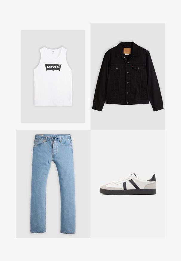 Schwarze Jeansjacke mit klassischem Design, ausgestattet mit spitzem Kragen, Brusttaschen, Fünf-Knopf-Verschluss und Leder-Label der Marke.; Weißes Baumwoll-Trägershirt mit einem schwarzen Levi's-Logo in der Mitte. Einfaches Design mit rundem Halsausschnitt und weiten Armausschnitten.; Hellblaue gerade geschnittene Jeans aus Denim mit Knopfverschluss, Gürtelschlaufen sowie Vorder- und Hintertaschen, auf einem weißen Hintergrund präsentiert.; Weiße Sneaker mit schwarz- und grau-aczenten, ausgestattet mit einer strukturierten grauen Zehenkappe, schwarzer Gummi-Sohle und flachen weißen Schnürsenkeln. Sauberes Design, minimalistische Stil.