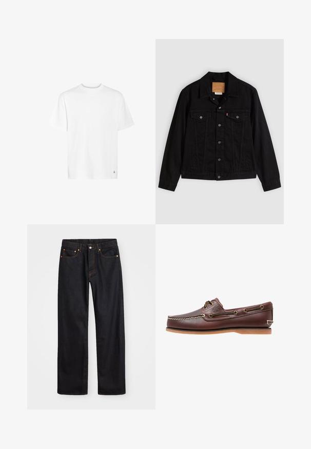 Sort denimjakke med klassisk design, der har en spids krave, brystlommer, lukning med fem knapper og et lædermærke med mærkenavn.; Hvid bomulds t-shirt med rund halsudskæring, korte ærmer og lige kant. Har et lille logo detaljeret i nederste hjørne.; Mænds lige ben sorte denim jeans med fem lommer og orange syninger, knap- og lynlåslukning foran på taljen.; Brun læder bådsko med hvide sømme, snøre detaljer og lysbrun gummisål, vist fra siden på hvid baggrund.