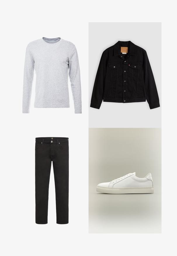 Chaqueta de mezclilla negra con un diseño clásico, que incluye cuello puntiagudo, bolsillos en el pecho, cierre de cinco botones y etiqueta de cuero de la marca.; Camiseta gris de manga larga en una tela suave y ligera, con un clásico escote redondo y un diseño sencillo y sin adornos.; Vaqueros negros de pierna recta con cierre de botón y cremallera, bolsillos delanteros y traseros, y cinturas para cinturón, de la marca Lee.; Zapatilla blanca de perfil bajo con cordones en la parte delantera y suela gruesa, mostrada de lado sobre un fondo neutro.