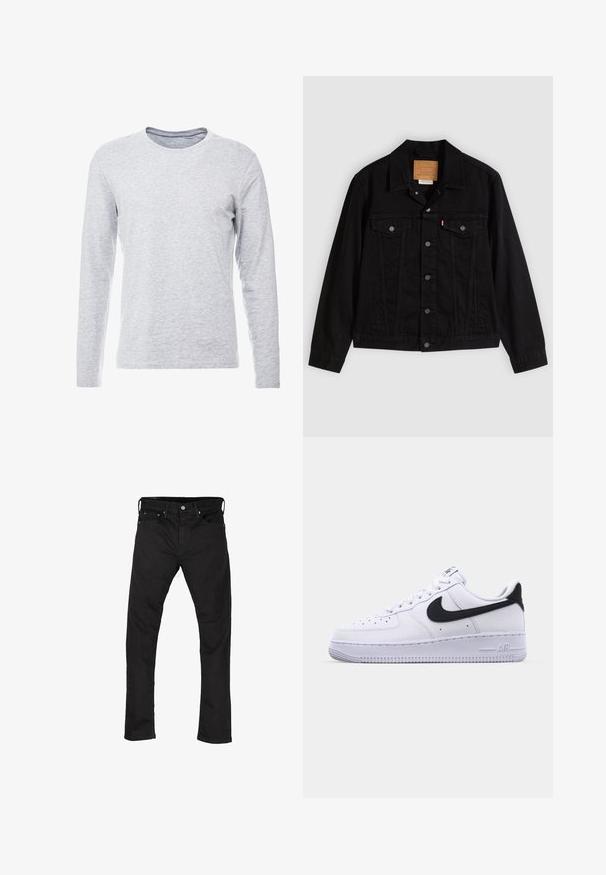 Chaqueta de mezclilla negra con un diseño clásico, que incluye cuello puntiagudo, bolsillos en el pecho, cierre de cinco botones y etiqueta de cuero de la marca.; Camiseta gris de manga larga en una tela suave y ligera, con un clásico escote redondo y un diseño sencillo y sin adornos.; Vaqueros de mezclilla negra con un diseño de pierna recta, estilo de cinco bolsillos y cierre de botón metálico. Textura suave y color uniforme en toda la prenda.; Zapatilla blanca de cuero con un Swoosh negro texturizado, cordones planos y una suela de goma con un patrón estriado. "AIR" está grabado en el talón.