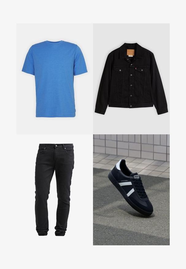Zwarte spijkerjack met een klassiek ontwerp, voorzien van een puntkraag, borstzakken, vijf knopen aan de voorkant en een leren merkembleem.; Korte mouwen, ronde hals t-shirt in effen blauw. Gemaakt van zachte, ademende stof met een gladde textuur en zonder patronen of accenten.; Zwarte slim-fit jeans met knoop- en ritssluiting, vijf zakken en elastische boorden bij de enkels.; Zwarte leren sneaker met witte strepen, een gestructureerde rubberen zool en vetersluiting aan de voorkant. Voorzien van een merklabel op de tong.
