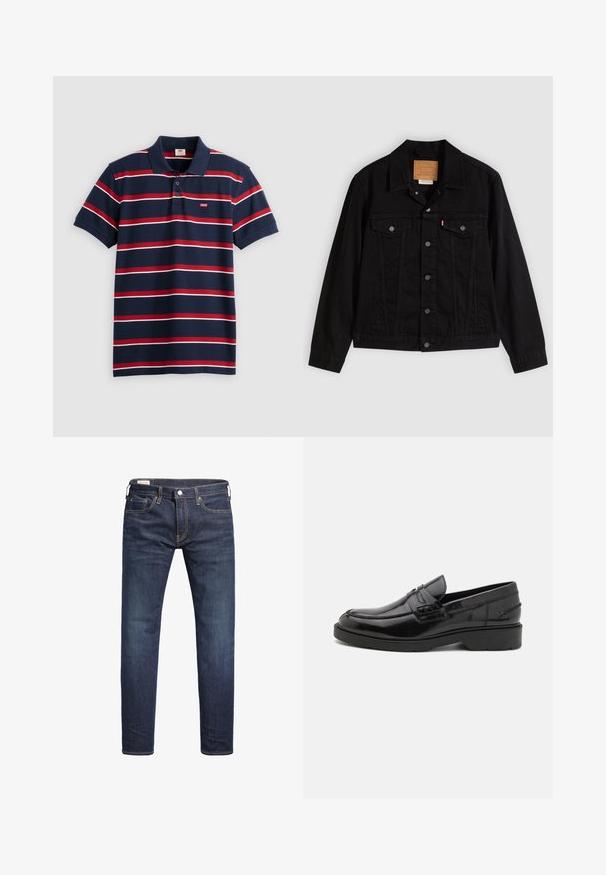 Schwarze Jeansjacke mit klassischem Design, ausgestattet mit spitzem Kragen, Brusttaschen, Fünf-Knopf-Verschluss und Leder-Label der Marke.; Navyblaues Poloshirt mit rot-weißen horizontalen Streifen, drei Knöpfen am Kragen und kleinem Levi's-Logo auf der Brust. Aus weichem Baumwollmaterial.; Dunkelblaue Slim-Fit-Jeans mit vorderem Knopf- und Reißverschluss, fünf Taschen und gelben Nähdetails.; Schwarze Lederloafers mit glatter Oberfläche, abgerundetem Zehenbereich, niedrigem Absatz und dekorativer Naht entlang der Vorderseite. Gummisohle für guten Halt.