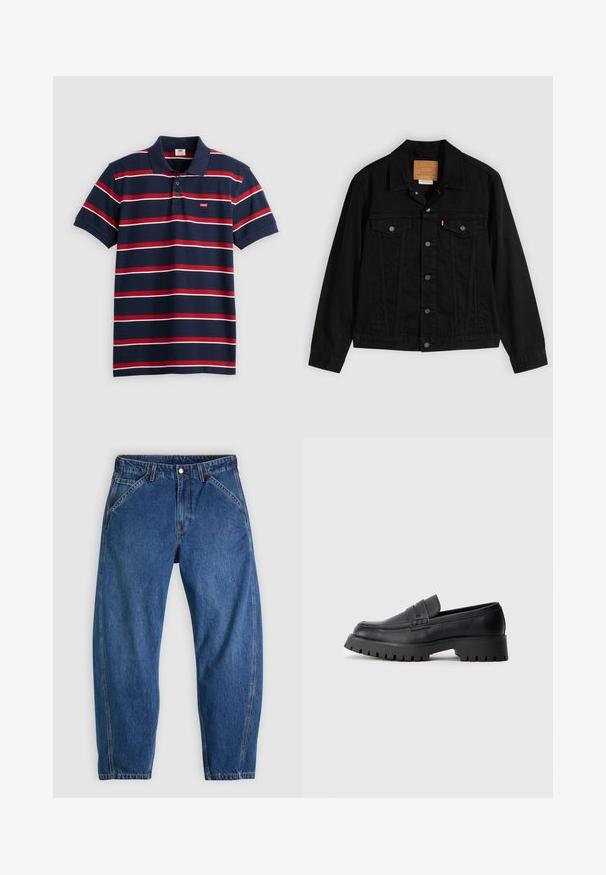 Schwarze Jeansjacke mit klassischem Design, ausgestattet mit spitzem Kragen, Brusttaschen, Fünf-Knopf-Verschluss und Leder-Label der Marke.; Navyblaues Poloshirt mit rot-weißen horizontalen Streifen, drei Knöpfen am Kragen und kleinem Levi's-Logo auf der Brust. Aus weichem Baumwollmaterial.; Blaue Denim-Jeans mit lockerer Passform, ausgestattet mit Knopfverschluss, fünf Taschen und kontrastierenden orangefarbenen Nähten. Durchgehend glatte Textur.; Schwarze Leder-Loafer mit abgerundeter Schuhspitze, ausgestattet mit einem dekorativen Riemen und einer robusten Gummisohle mit tiefem Profil für besseren Halt.