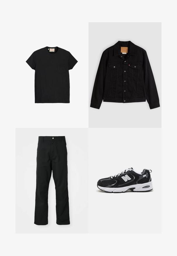 Schwarze Jeansjacke mit klassischem Design, ausgestattet mit spitzem Kragen, Brusttaschen, Fünf-Knopf-Verschluss und Leder-Label der Marke.; Schwarzes Baumwoll-T-Shirt mit Rundhalsausschnitt, kurzen Ärmeln und einer Brusttasche auf der linken Seite. Glatte Textur und minimalistisches Design.; Schwarze gerade geschnittene Hosen mit Knopf- und Reißverschluss, Gürtelschlaufen und Seitentaschen, präsentiert vor einem weißen Hintergrund.; Schwarze und graue Sportschuhe mit Obermaterial aus Mesh und Wildleder, ausgestattet mit einer weißen Zwischensohle, Schnürsenkeln und einem markanten "N"-Logo an der Seite.