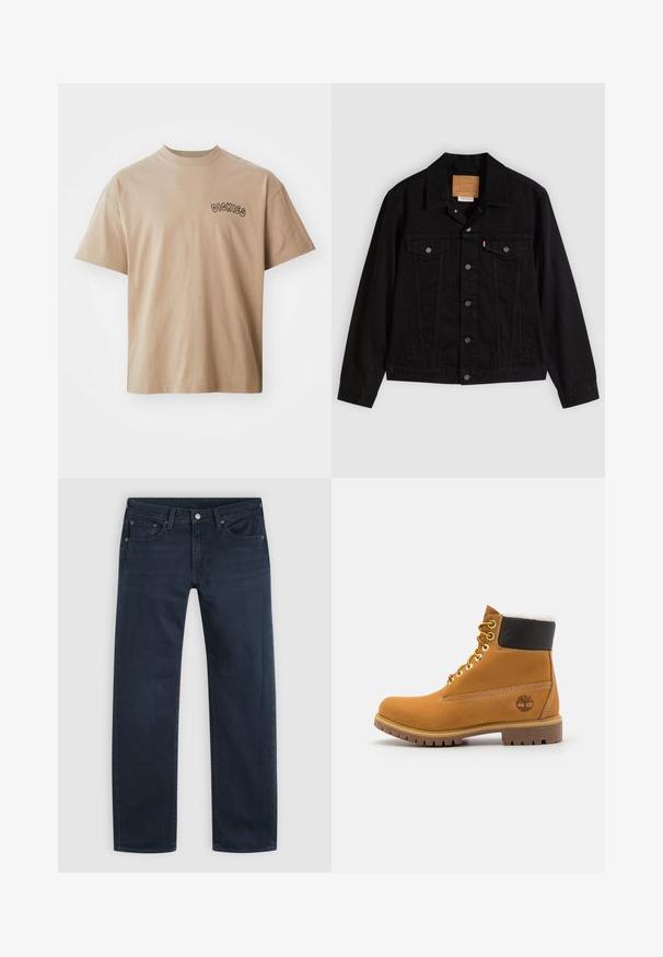 Sort denimjakke med klassisk design, der har en spids krave, brystlommer, lukning med fem knapper og et lædermærke med mærkenavn.; Beige bomulds-T-shirt med korte ærmer og rund hals. Har "DICKIES" printet i sort på venstre bryst. Klassisk pasform og glat tekstur.; Mørkeblå straight-leg denimjeans med forreste knap og lynlås, bæltestropper og fem-lomme design på en lys baggrund.; Brune læder ankelstøvle med metaløjer, hvid pelsforing, sort polstret krave, robust sål og præget logo på siden.