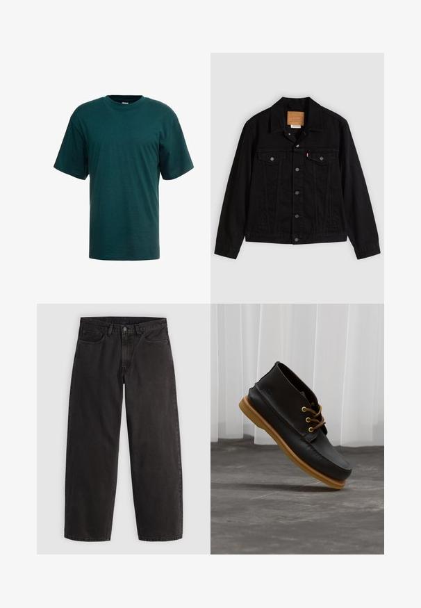 Chaqueta de mezclilla negra con un diseño clásico, que incluye cuello puntiagudo, bolsillos en el pecho, cierre de cinco botones y etiqueta de cuero de la marca.; Camiseta de algodón verde oscuro con mangas cortas, escote redondo y un corte relajado. Textura suave sin patrones o acentos visibles.; Vaqueros negros de pierna recta con cinco bolsillos y trabillas para cinturón, mostrados extendidos sobre un fondo claro y liso.; Zapatos de cuero negro con un acabado suave, punta redonda, cordones marrones y suelas de goma marrón claro. Logo embossado en el costado.