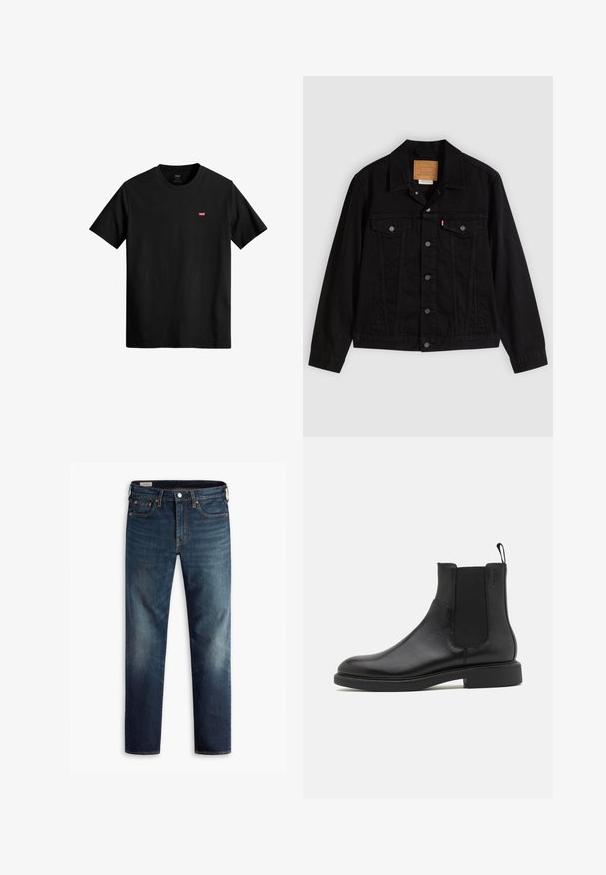 Veste en denim noir au design classique, avec un col pointu, des poches poitrine, une fermeture à cinq boutons et une étiquette de marque en cuir.; T-shirt en coton noir avec un col rond, des manches courtes et un petit logo rouge Levi's sur la poitrine gauche. Design léger et simple.; Jeans en denim bleu foncé avec une coupe droite, cinq poches et des accents en métal cuivré. Des zones décolorées sur les jambes offrent un contraste de texture.; Botte de cheville en cuir noir avec une texture lisse, des panneaux latéraux élastiques et une languette. Bout rond et semelle en caoutchouc plate avec un minimal de relief.