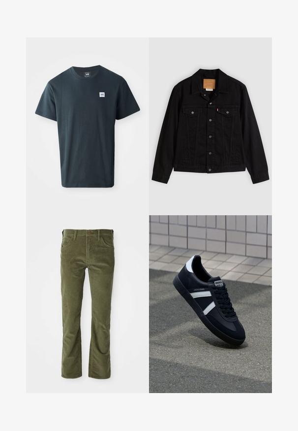 Schwarze Jeansjacke mit klassischem Design, ausgestattet mit spitzem Kragen, Brusttaschen, Fünf-Knopf-Verschluss und Leder-Label der Marke.; Dunkelgraues Baumwoll-T-Shirt mit Rundhalsdesign. Beinhaltet ein kleines blau-weißes rechteckiges Logoetikett auf der linken Brust.; Olivegrüne Cordhosen mit Fronttaschen, Gürtelschlaufen, Knopfverschluss und leichtem Flare an den Beinöffnungen.; Schwarze Leder-Sneaker mit weißen Streifen, strukturiertem Gummisohle und Schnürung. Verfügt über ein Markenetikett auf der Zunge.