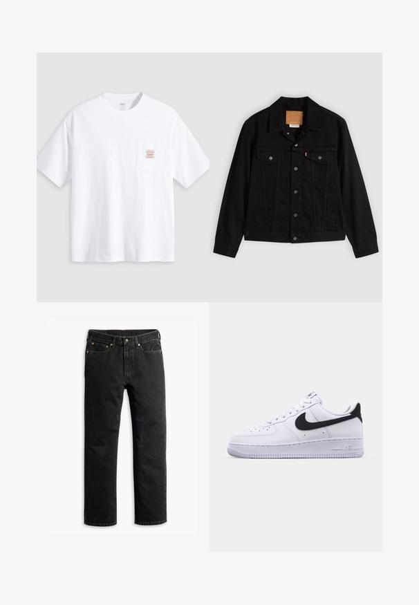 Musta denimtakki klassisella designilla, jossa on terävä kaulus, rintataskut, viiden napin kiinnitys ja nahkainen merkkilappu.; Valkoinen lyhythihainen pyöreäkauluksinen T-paita, jossa on pieni rintatasku beigeillä ja punaisilla suorakaiteen muotoisilla etiketeillä.; Mustat suorat farkut viidellä taskulla, vyölenkeillä ja napitusvyöllä, asetettuina tasaisesti valkoista taustaa vasten.; Valkoinen nahkakenkä, jossa on teksturoitu musta Swoosh, litteät nauhat ja kumipohja, jossa on uritettu malli. "AIR" on painettu kantapään kohdalle.