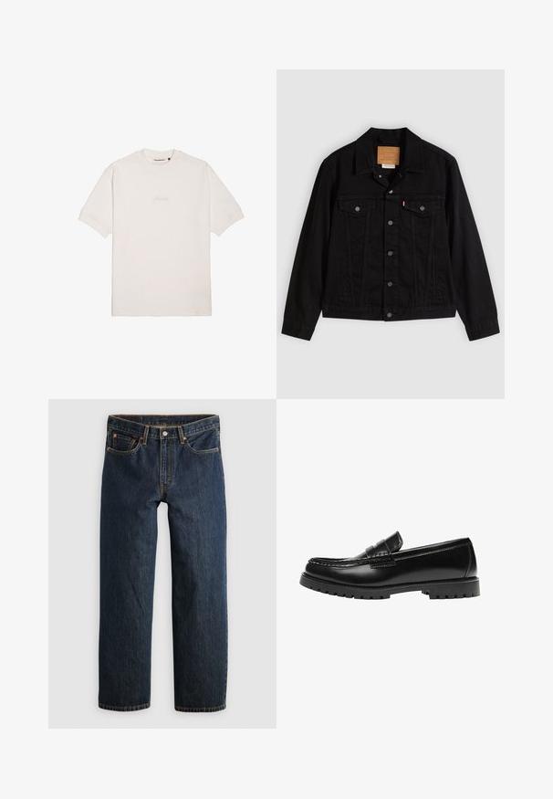Veste en denim noir au design classique, avec un col pointu, des poches poitrine, une fermeture à cinq boutons et une étiquette de marque en cuir.; T-shirt blanc à manches courtes en coton doux, avec un logo de marque subtilement gaufré sur la poitrine et un col rond classique.; Jean en denim bleu foncé avec une coupe droite. Comprend cinq poches, des surpiqûres contrastantes et une fermeture à bouton à la taille.; Mocassin en cuir noir avec une semelle en caoutchouc épaisse et un détail classique de bride à monnaie, vu de côté extérieur.