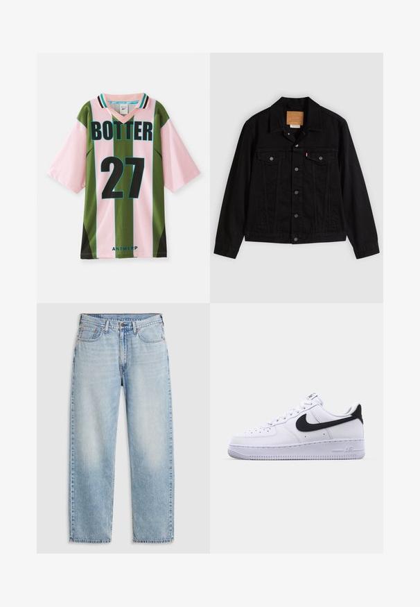 Chaqueta de mezclilla negra con un diseño clásico, que incluye cuello puntiagudo, bolsillos en el pecho, cierre de cinco botones y etiqueta de cuero de la marca.; Jersey a rayas verdes y rosas con escote en V, que presenta el número 27 en negro, "BOTTER" impreso arriba y "ANTWERP" en la parte inferior.; Jeans rectos de color azul claro con cinco bolsillos, cierre de botón de metal y detalles deslavados en los muslos y las rodillas, dispuestos sobre un fondo blanco.; Zapatilla blanca de cuero con un Swoosh negro texturizado, cordones planos y una suela de goma con un patrón estriado. "AIR" está grabado en el talón.