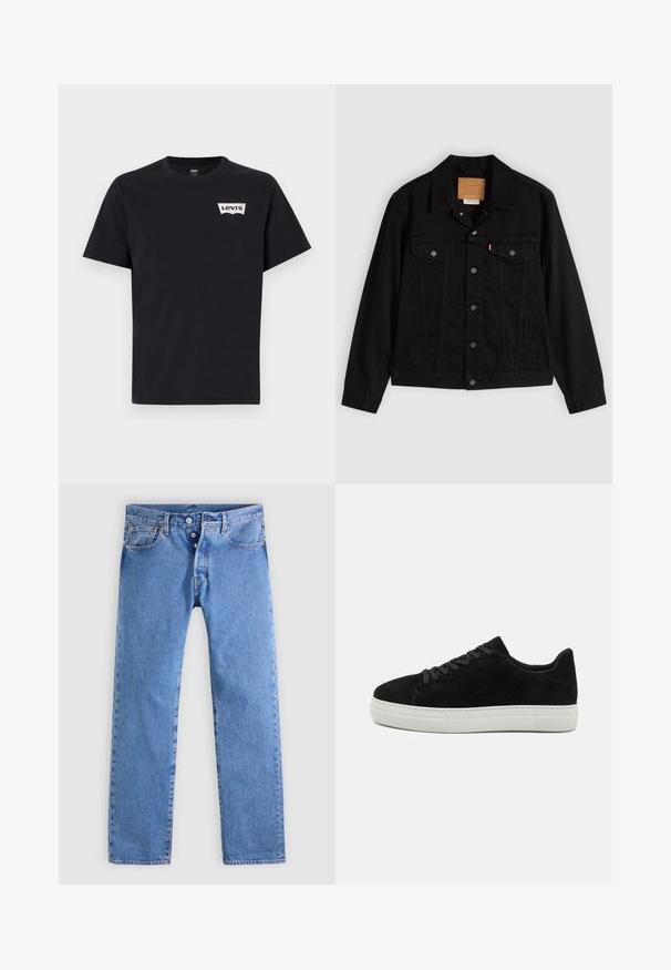Zwarte spijkerjack met een klassiek ontwerp, voorzien van een puntkraag, borstzakken, vijf knopen aan de voorkant en een leren merkembleem.; Zwarte katoenen T-shirt met korte mouwen, ronde hals en een klein wit Levi's-logo aan de voorkant links.; Lichtblauwe spijkerbroek met een rechte pijp, vijf zakken en een gulp met twee knopen. Heeft minimale verkleuring en contrasterende naden.; Zwarte suède sneaker met een witte rubberen zool, ronde neus en zwarte veters. Soepele textuur met een minimalistisch ontwerp en geen zichtbare patronen.