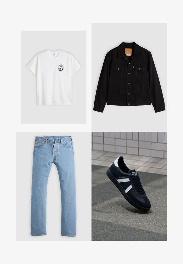 Schwarze Jeansjacke mit klassischem Design, ausgestattet mit spitzem Kragen, Brusttaschen, Fünf-Knopf-Verschluss und Leder-Label der Marke.; Weißes Baumwoll-T-Shirt mit kurzen Ärmeln, Rundhalsausschnitt und einem schwarzen runden Logo auf der linken Brust, das ein stilisiertes Design zeigt.; Hellblaue gerade geschnittene Jeans aus Denim mit Knopfverschluss, Gürtelschlaufen sowie Vorder- und Hintertaschen, auf einem weißen Hintergrund präsentiert.; Schwarze Leder-Sneaker mit weißen Streifen, strukturiertem Gummisohle und Schnürung. Verfügt über ein Markenetikett auf der Zunge.