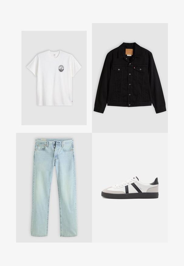 Schwarze Jeansjacke mit klassischem Design, ausgestattet mit spitzem Kragen, Brusttaschen, Fünf-Knopf-Verschluss und Leder-Label der Marke.; Weißes Baumwoll-T-Shirt mit kurzen Ärmeln, Rundhalsausschnitt und einem schwarzen runden Logo auf der linken Brust, das ein stilisiertes Design zeigt.; Helle blaue Denim-Jeans mit geradem Schnitt, fünf Taschen, Knopfverschluss und dezentem Verblassen. Mit Steppdetails und Kupfennieten.; Weiße Sneaker mit schwarz- und grau-aczenten, ausgestattet mit einer strukturierten grauen Zehenkappe, schwarzer Gummi-Sohle und flachen weißen Schnürsenkeln. Sauberes Design, minimalistische Stil.
