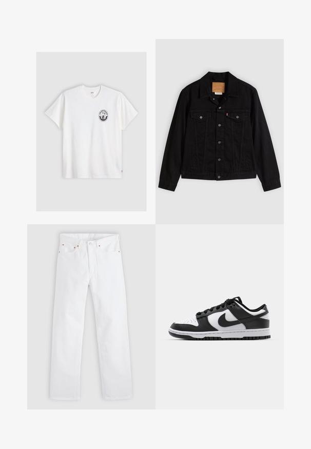 Sort denimjakke med klassisk design, der har en spids krave, brystlommer, lukning med fem knapper og et lædermærke med mærkenavn.; Hvid bomulds t-shirt med korte ærmer, rund hals og et sort cirkulært logo på venstre bryst med et stiliseret design.; Hvide jeans med lige ben, fem-lomme design, knap- og lynlåslukning samt kobbernitdetaljer på lommerne.; Sort og hvid Nike Dunk sneakers med læderoverdel, perforeret tå, sorte snørebånd og en sort gummisål med slidbanedesign.