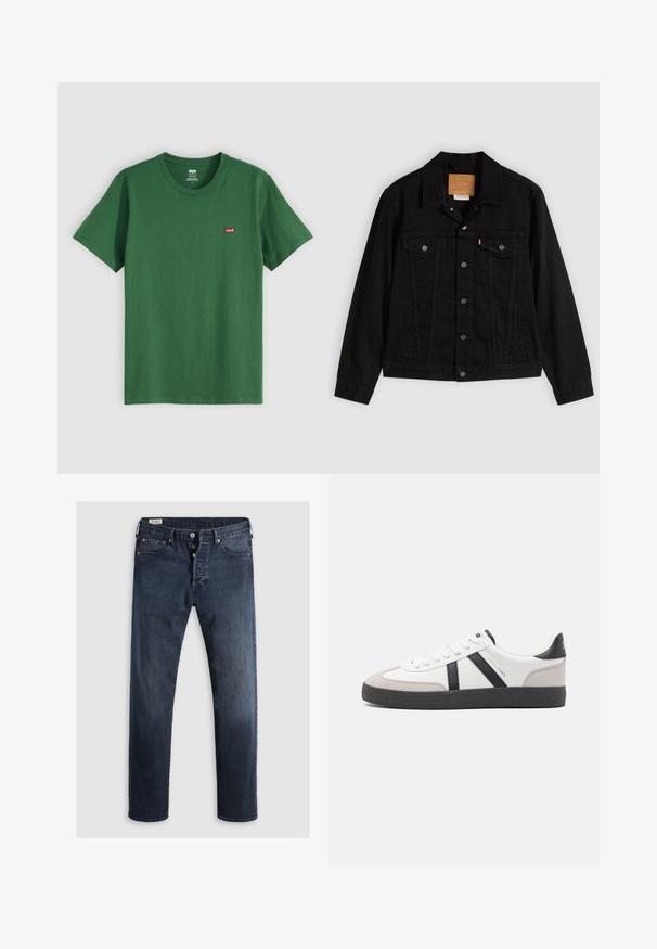Sort denimjakke med klassisk design, der har en spids krave, brystlommer, lukning med fem knapper og et lædermærke med mærkenavn.; Grøn bomulds t-shirt med rund hals, korte ærmer og et lille rødt Levi's-logo på venstre bryst. Blød tekstur, standard pasform.; Mørkeblue denimjeans med lige ben, der har lynlås i fly, metalknapper og kobbernitter. Glat tekstur, ingen synlige mønstre.; Hvide sneakers med sorte og grå detaljer, med en tekstureret grå tåhætte, sort gummisål og flade hvide snørebånd. Rent design, minimalistisk stil.