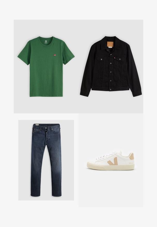 Chaqueta de mezclilla negra con un diseño clásico, que incluye cuello puntiagudo, bolsillos en el pecho, cierre de cinco botones y etiqueta de cuero de la marca.; Camiseta de algodón verde con cuello redondo, mangas cortas y un pequeño logo rojo de Levi's en el lado izquierdo del pecho. Textura suave, corte estándar.; Jeans de mezclilla azul oscuro con corte recto, que cuentan con cremallera, botones metálicos y acentos de remaches de cobre. Textura suave, sin patrones visibles.; Zapatillas blancas con acentos beige, material de cuero liso, punta redonda, suela de goma plana y cordones en la parte delantera con un logotipo en el talón.