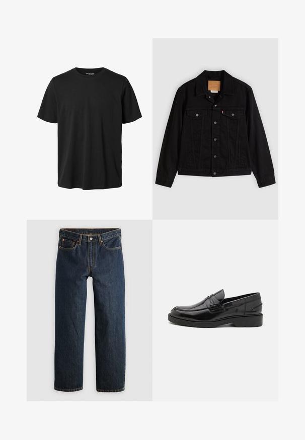 Sort denimjakke med klassisk design, der har en spids krave, brystlommer, lukning med fem knapper og et lædermærke med mærkenavn.; Sort kortærmet t-shirt med rund halsudskæring, normal pasform og uden synligt design eller mærkning foran.; Mørkeblå denimjeans med en lige ben-snit. Har fem lommer, kontrastsyning og knaplukning i taljen.; Sorte læder loafers med en glat finish, rund tå, lav hæl og dekorativ syning langs forsiden. Gummisål for godt greb.