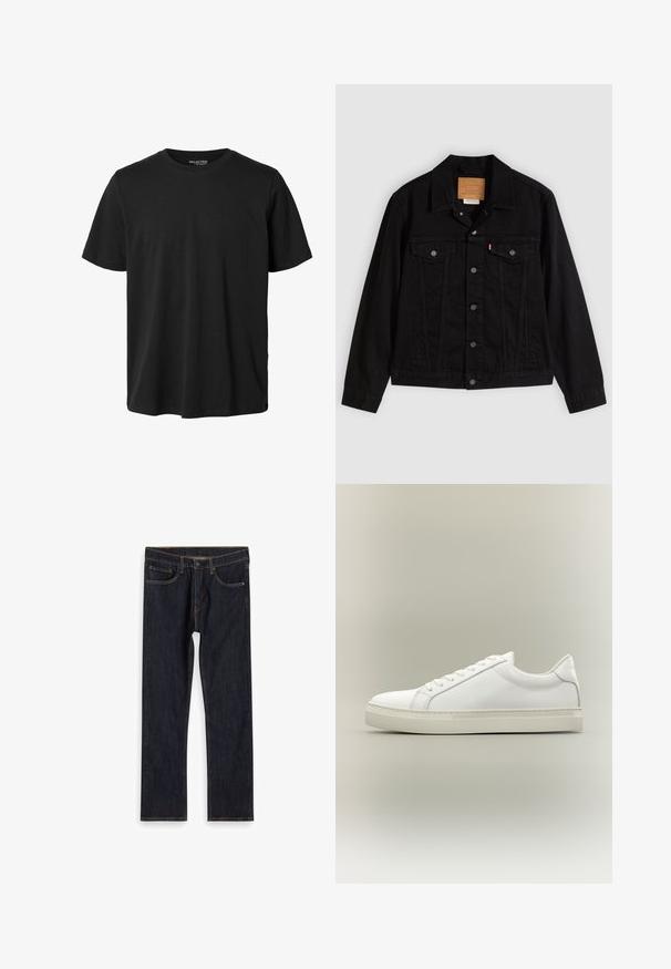 Sort denimjakke med klassisk design, der har en spids krave, brystlommer, lukning med fem knapper og et lædermærke med mærkenavn.; Sort kortærmet t-shirt med rund halsudskæring, normal pasform og uden synligt design eller mærkning foran.; Mørkeblå lige ben denim jeans med forlommer, bæltestropper og kontrast orange syninger, lagt fladt på hvid baggrund.; Hvid lavtop sneaker med snørebånd foran og tyk sål, vist fra siden mod en neutral baggrund.