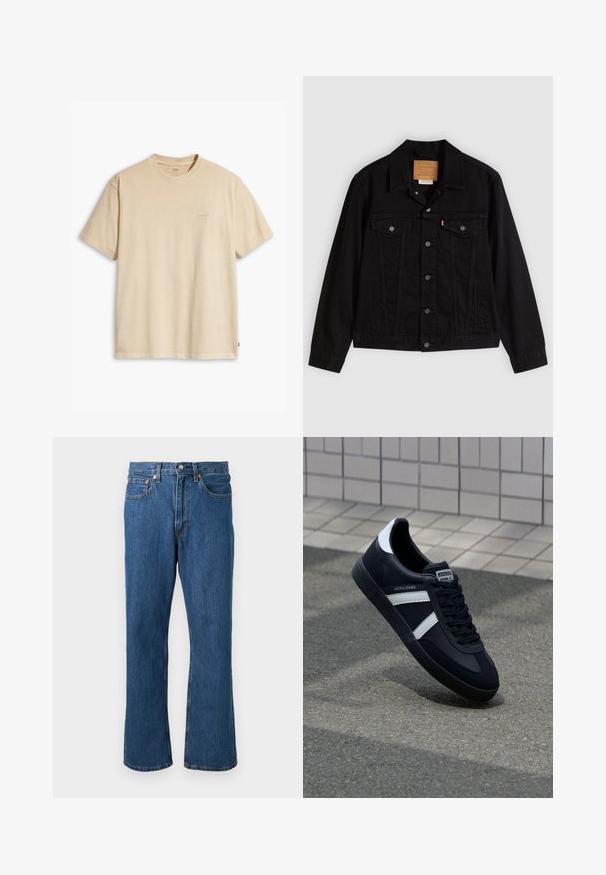 Schwarze Jeansjacke mit klassischem Design, ausgestattet mit spitzem Kragen, Brusttaschen, Fünf-Knopf-Verschluss und Leder-Label der Marke.; Beige Baumwoll-T-Shirt mit Rundhalsausschnitt und kurzen Ärmeln. Verfügt über ein dezentes "Levi's"-Logo in der gleichen Farbe auf der Brust. Weiche Textur.; Blaue gerade geschnittene Jeans aus Denim mit vorderem Knopf und Reißverschluss, fünf Taschen und orangefarbenen Nahtdetails auf einfarbigem Hintergrund.; Schwarze Leder-Sneaker mit weißen Streifen, strukturiertem Gummisohle und Schnürung. Verfügt über ein Markenetikett auf der Zunge.