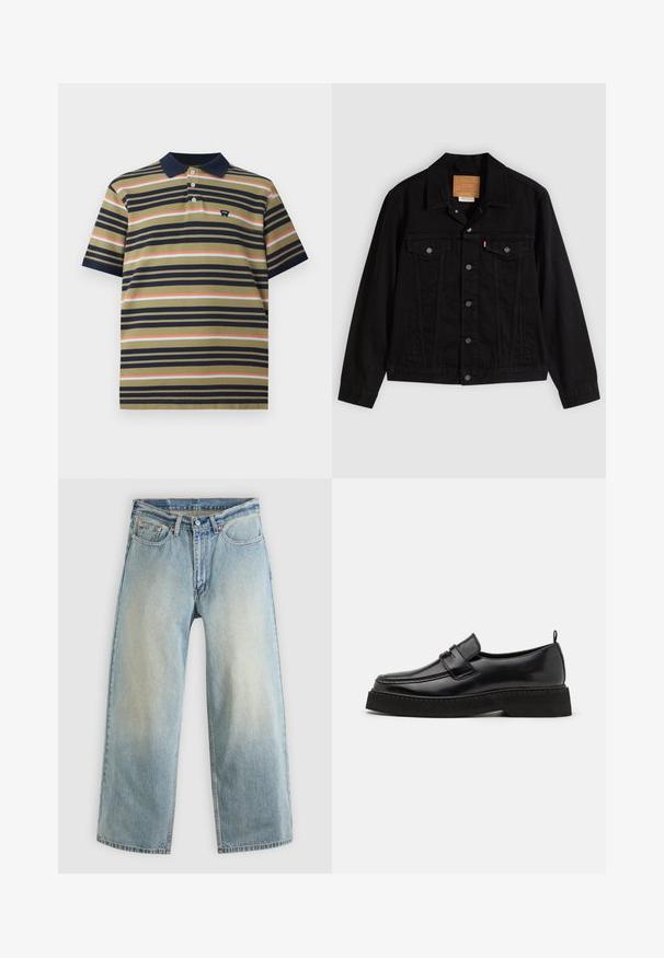 Veste en denim noir au design classique, avec un col pointu, des poches poitrine, une fermeture à cinq boutons et une étiquette de marque en cuir.; Polo à manches courtes avec col marine, base olive, et rayures horizontales en marine, corail et bleu clair, présentant un petit logo sur la poitrine.; Jean denim bleu clair à jambes larges avec une finition délavée. Comprend un design standard à cinq poches et une fermeture à bouton métallique.; Chaussures en cuir noir de style mocassin avec une semelle plate et texturée, présentant un bout piqué et une sangle traversant le cou-de-pied.