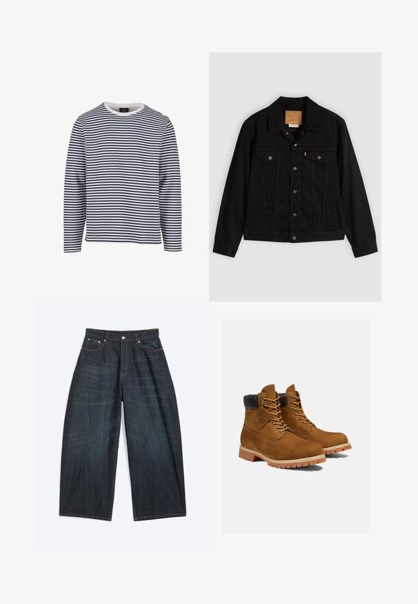 Schwarze Jeansjacke mit klassischem Design, ausgestattet mit spitzem Kragen, Brusttaschen, Fünf-Knopf-Verschluss und Leder-Label der Marke.; Langarmshirt mit navyblauen und weißen horizontalen Streifen, rundem Ausschnitt, aus Baumwollmaterial und mit lockerer Passform.; Dunkelblaue Jeans mit weitem Bein, Vordertaschen, Knopfverschluss und sichtbaren Nähten, flach auf einem weißen Hintergrund liegend.; Braune Wildleder-Stiefeletten mit einem gepolsterten schwarzen Kragen, goldenen Ösen und einer dicken Gummisohle mit einem Rillenmuster für besseren Grip.
