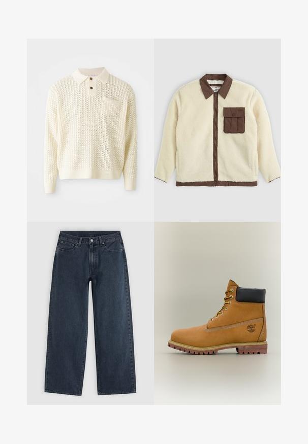 Veste en polaire blanche avec un col marron, fermeture éclair à l'avant et une poche poitrine avec un rabat. La texture est douce avec une apparence ébouriffée.; Pull en tricot couleur crème clair avec un motif texturé, patte de boutonnage à deux boutons et poche poitrine. Il possède des poignets et un ourlet côtelés.; Jean bleu foncé à jambes larges avec cinq poches, passants pour ceinture, fermeture par bouton et braguette zippée, présenté à plat sur un fond clair.; Bottine en cuir marron avec col noir, lacets jaunes et semelle beige. Présente un logo et des détails de couture blanche. Semelle extérieure à traction robuste.