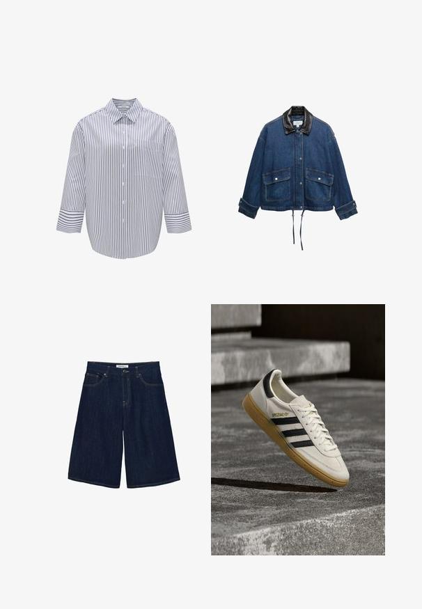 Veste en denim bleu avec grandes poches à rabat sur le devant, boutons-pression, poignets réglables, ourlet à cordon de serrage et col en cuir noir contrastant.; Chemise à rayures, à col, avec une base blanche et des rayures verticales bleu marine. Elle possède une poche poitrine et des manches larges trois-quarts.; Shorts en denim bleu foncé jusqu'au genou avec fermeture par bouton et zip, poches avant et arrière, et coutures contrastées.; Baskets Adidas Spezial blanches avec des rayures noires et une semelle en gomme flottant au-dessus de marches en pierre grises à l'extérieur.