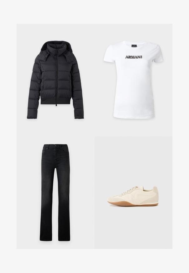 Sort polstret vinterjakke med høj krave, lange ærmer, lynlås foran og aftagelig hætte.; Hvid tætsiddende t-shirt med korte ærmer med sort mønstret "ARMANI" tekst over brystet og A|X mærke inde i kraven.; Sorte denim straight-leg jeans med subtil falmning, fem lommer og knaplukning. Glat tekstur med minimale syningsdetaljer.; Lyse beige sneakers med en tekstureret læderoverdel, teksturerede sider og en gummisål. Har et slankt, strømlinet design og flade snørebånd.