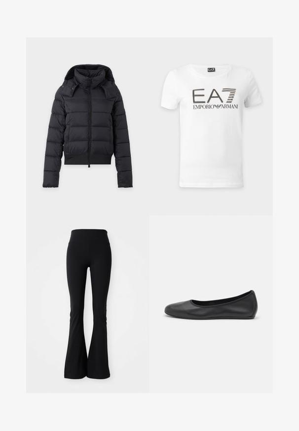 Veste d’hiver noire matelassée avec col montant, manches longues, fermeture éclair frontale et capuche amovible.; T-shirt blanc à manches courtes avec logo "EA7 Emporio Armani" noir et or imprimé sur le devant. Design simple avec un col rond.; Leggings évasés noirs fabriqués en matériau extensible, dotés d'une taille haute et d'une texture lisse. Aucun motif ou quincaillerie visible.; Ballerines en cuir noir avec un bout rond, texture lisse, détails de couture minimalistes et design de semelle flexible.
