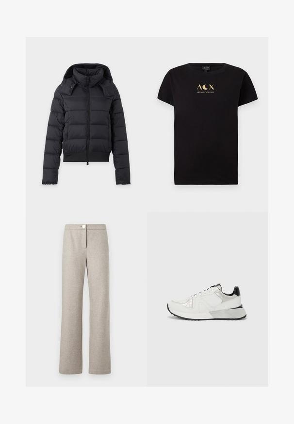 Veste d’hiver noire matelassée avec col montant, manches longues, fermeture éclair frontale et capuche amovible.; T-shirt en coton noir à manches courtes avec un design de logo doré incluant le texte "ACX" et "ARMANI EXCHANGE".; Pantalons en laine beige clair avec un motif en zigzag, jambes larges et droites, fermeture à boutons à l'avant et poches latérales discrètes.; Baskets blanches avec des panneaux en maille et en cuir, accents argentés, design texturé, cap arrière noir et semelle en caoutchouc. Vue de côté.