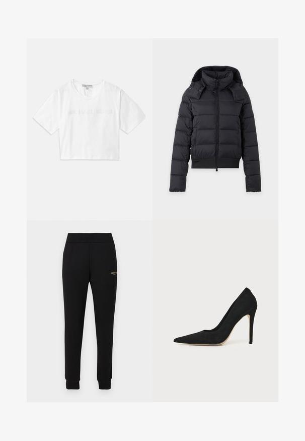 Veste d’hiver noire matelassée avec col montant, manches longues, fermeture éclair frontale et capuche amovible.; T-shirt blanc court en coton, avec des manches courtes et le logo "MICHAEL KORS" brodé ton sur ton à l'avant.; Pantalon de survêtement noir fuselé avec taille et poignets élastiques, présentant un petit logo doré "Armani Exchange" sur la cuisse droite.; Escarpin stiletto noir à talon haut avec bout pointu et texture lisse, présenté de profil sur un fond clair uni.