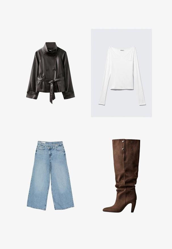Veste en cuir marron foncé avec col montant, boutons croisés, poches avant, taille ceinturée et poignets boutonnés.; Haut blanc à manches longues avec un design croisé et une poche. Fabriqué dans un tissu lisse et extensible. Coupé dans une coupe décontractée et ample.; Jean large en denim bleu clair avec taille haute, fermeture à double bouton, poches avant et passants de ceinture.; Bottine en suede marron, montant jusqu'au genou, avec un bout pointu et un talon fin. Présente deux boutons-pression argentés et un design de haut froncé.
