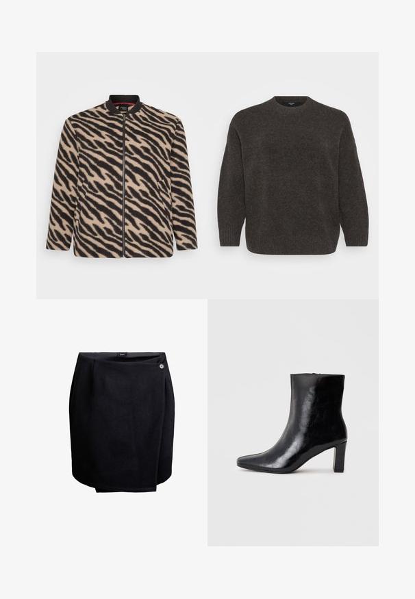 Veste zippée à manches longues, beige et noire, imprimé zèbre, avec col côtelé et poches latérales, présentée sur un fond blanc.; Vero Moda Curve Knitted VMCBOOM Knitted - Pullover - chocolate torte melange; Jupe noire enveloppante avec une fermeture à bouton sur le côté, fabriquée en tissu lisse, arrivant au genou avec un léger détail de superposition.; Bottine noire en cuir brillant, avec un bout pointu et un talon carré moyen, présentant une texture lisse et un design simple.